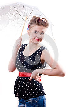 Picture of a pinup young giri under lace umbrella