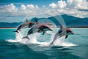 Picture of Playing Dolphins Effortlessly Jumping Out of the Water, created with Generative AI technology