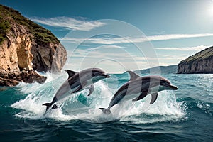 Picture of Playing Dolphins Effortlessly Jumping Out of the Water, created with Generative AI technology