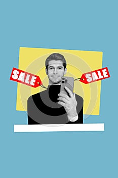 Picture poster pinup pop retro 3d collage image of handsome nice man hold phone buy clothes online isolated on blue