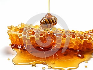 picture of pour honey on honeycomb isolated on white background generative AI