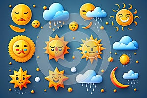 Set of cute cartoon weather icons. Sun, cloud, rain, moon