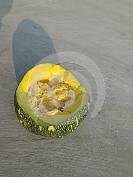 This is picture of pumpkin. It is very tasty. It is yellow colour. It is used as vegetable or as fruit. It is full of minerals.