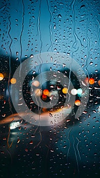 Picture Raindrops on glass window against blurred city lights background