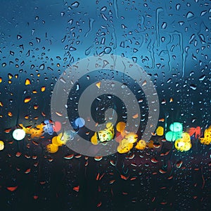 Picture Raindrops on glass window against blurred city lights background