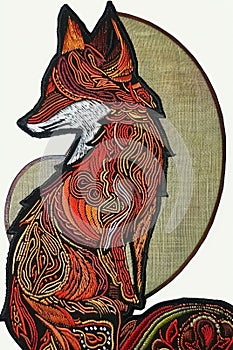 A picture of a red fox sitting in front of a sun, embroidery on white background
