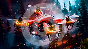 Picture of red and yellow remote controlled helicopter flying over forest. Generative AI