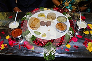 Picture of restaurant style vegetarian Indian complete food platter