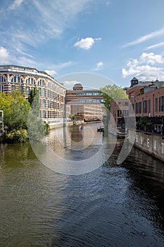 Picture from the river elster in the scene district leipzig schleussig with beautiful lofts in old industrie buildings