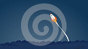 Picture of rocket flying above clouds, business startup banner concept, flat style illustration. Succes concept, pass