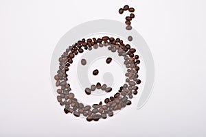 Picture of sad face with question mark made of coffee beans on