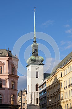 St james Church, also called Kostel Svateho Jakuba, in the historical center of Brno, Czech Republic, in autumn.