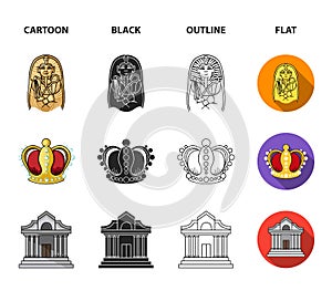 Picture, sarcophagus of the pharaoh, walkie-talkie, crown. Museum set collection icons in cartoon,black,outline,flat