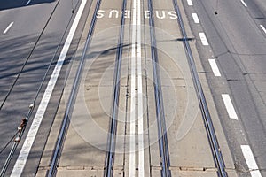 Picture of shared tram and bus lane in a city