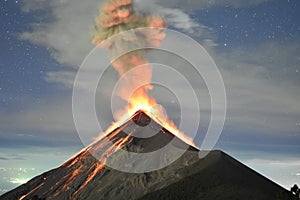 Volcano Fuego eruption with stars in Guatemala, captured from the top of the Acatenango