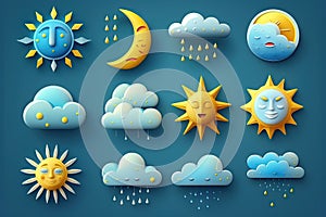 Set of weather icons. Sun, cloud, rain, moon and sun