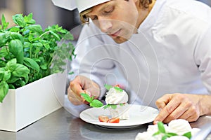 Busy chef at work in the restaurant kitchen