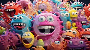 The picture shows a cluster of brightly colored, 3D-rendered squishy monsters with exaggerated proportions and amicable looks that