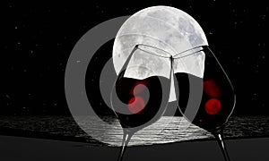 Picture of Silhouette Red Wine in a clear glass to celebrate the Full Moon. There is a reflection on the river or sea. The sky is