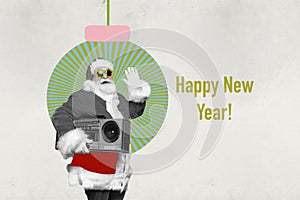 Picture sketch collage image of funky excited santa listening boom box new year carols isolated grey color background