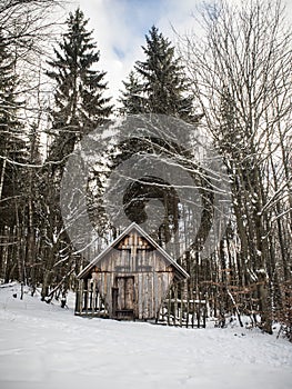 Picture of small cabin in snowy winter. photo