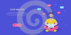 Programmer man character design, flat style illustration