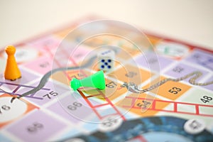 Picture of snakes and Ladders Game with tokens and dice
