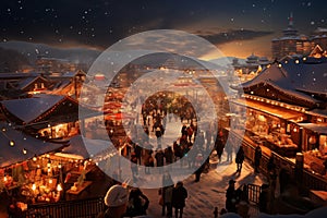 Picture of snowy winter and crowed people of Christmas holiday at night in town. Generative Ai