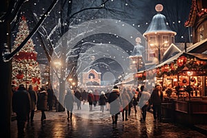 Picture of snowy winter and crowed people of Christmas holiday at night in town. Generative Ai