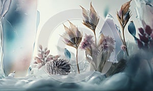 a picture of some flowers and ice on a table with a window in the background and a frosty window behind it with a frosty surface