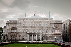 Main facade of stari Dvor, the City Hall of Belgrade, also called skupstina, at dusk. It is the seat of the municipal photo