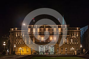 Main facade of stari Dvor, the City Hall of Belgrade, also called skupstina, at night. It is the seat of the municipal photo