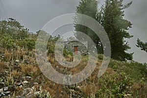 Picture of a stone structure on a hill against trees