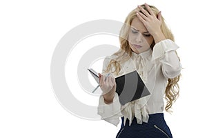 picture of stressed woman with clipboard isolated on white background