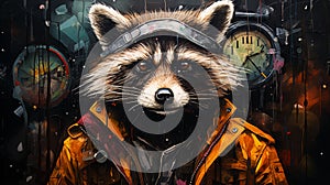 Picture a stylish raccoon in a leather moto jacket, accessorized with a vintage pocket watch