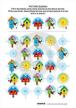 Picture sudoku puzzle with spring birdhouses