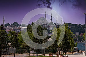 Picture of Sultan Ahmed Mosque in Istanbul during thunderstorm with lightning strike