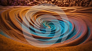 a picture of a swirl of blue and orange in the sand with rocks in the backgrouds of the image and a rock wall in the background