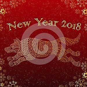 Picture on the theme of New year,Chinese character dog on a Burgundy background with snowflakes and the words, a contour of the a