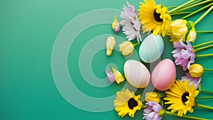 Picture Top view of Easter background with eggs and spring flowers