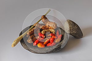 Many spices on the stone mortar with pestle photo