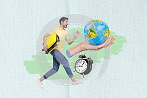 Picture travel agency collage of young guy run suitcase time oclock running delay airport globe geography isolated on