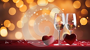 A Picture of Two Glasses of Champagne on Valentine's Day. Bright Background