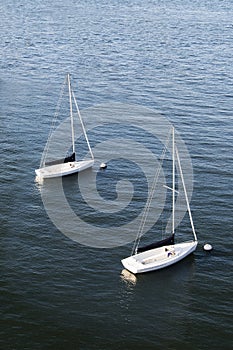 Two sailboats floating in a harbor in Boston, Massachusetts