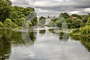 View of Buckingham Palace from St James Park in London England