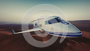Picture of White Luxury Generic Design Private Jet Flying in Sky under the Earth Surface. Uninhabited Desert Mountains