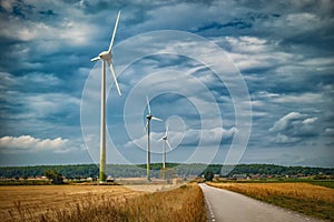 Picture of wind farm generators in the yellow field.