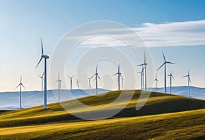 a picture of wind turbines on a hill with the sky in the background