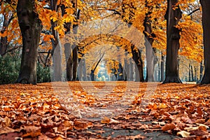 A picture of a winding path in a park covered in a colorful carpet of fallen leaves, A beautiful carpet of autumn leaves in a tree