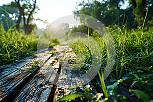 The picture of the wood table in the middle of the forest in a daytime. AIGX03.